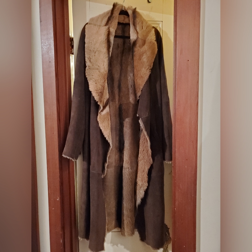 Luxury designer fully reversible suede and fur long open front coat